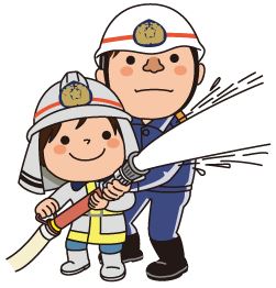 子どもと消防士の放水イラスト